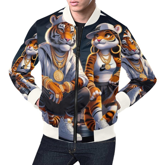 Miami Tiger Love White Collar All Over Print Bomber Jacket for Men