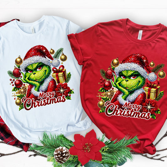 Faux Rhinestone Grinchy Holiday Shirt