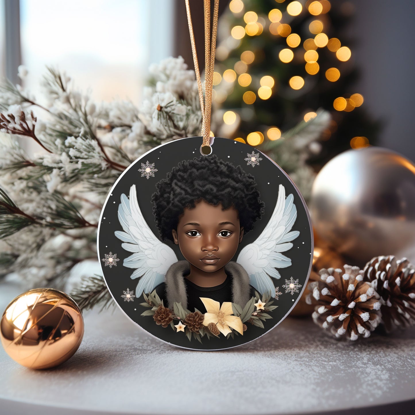 Set of 4-3D African American Boy Angel Holiday Ornaments