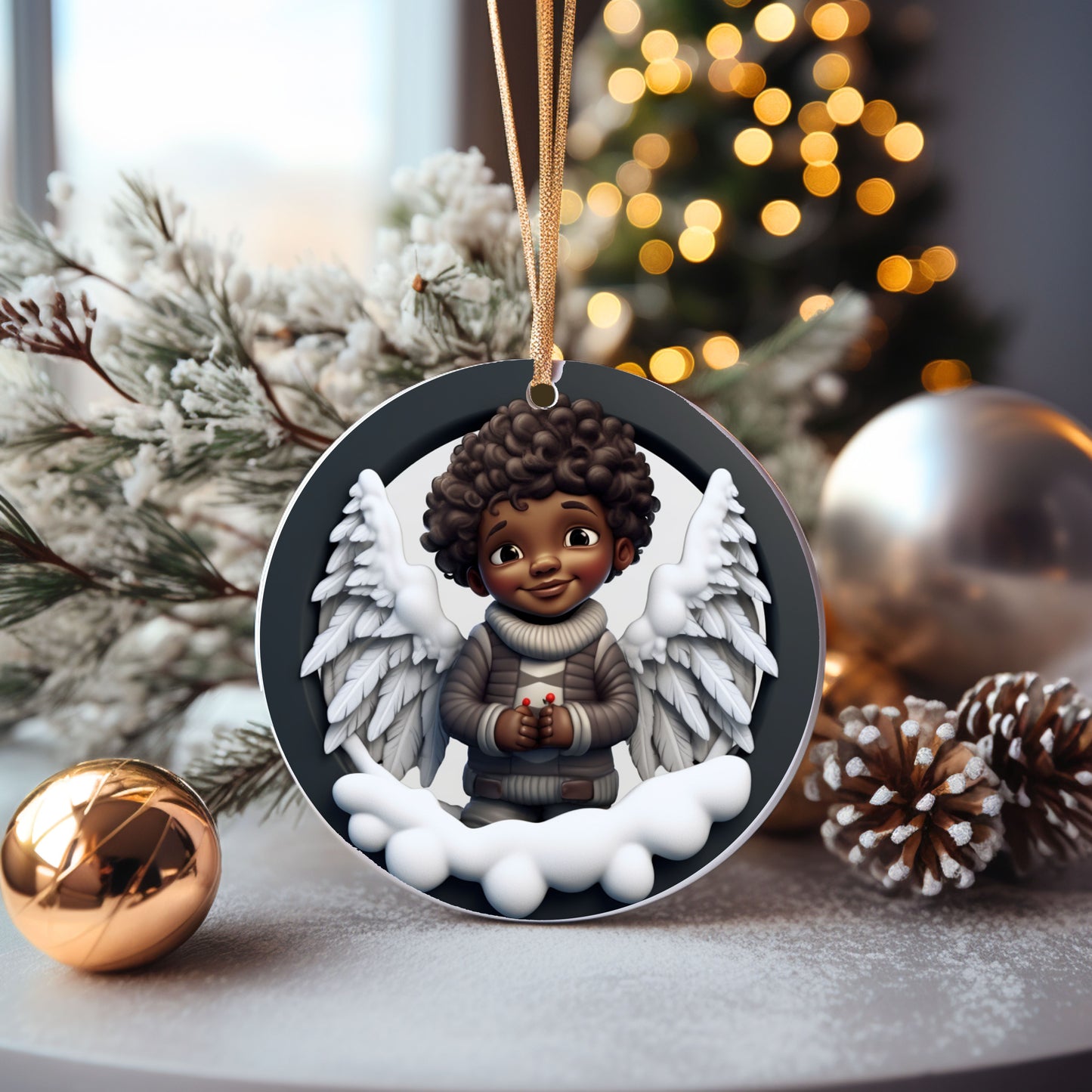 Set of 4-3D African American Boy Angel Holiday Ornaments