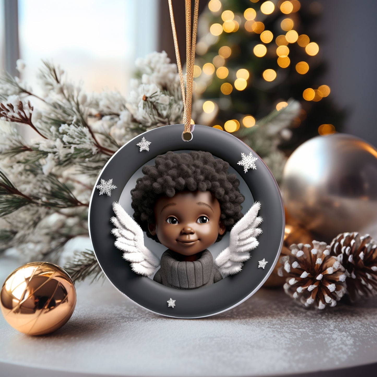 Set of 4-3D African American Boy Angel Holiday Ornaments