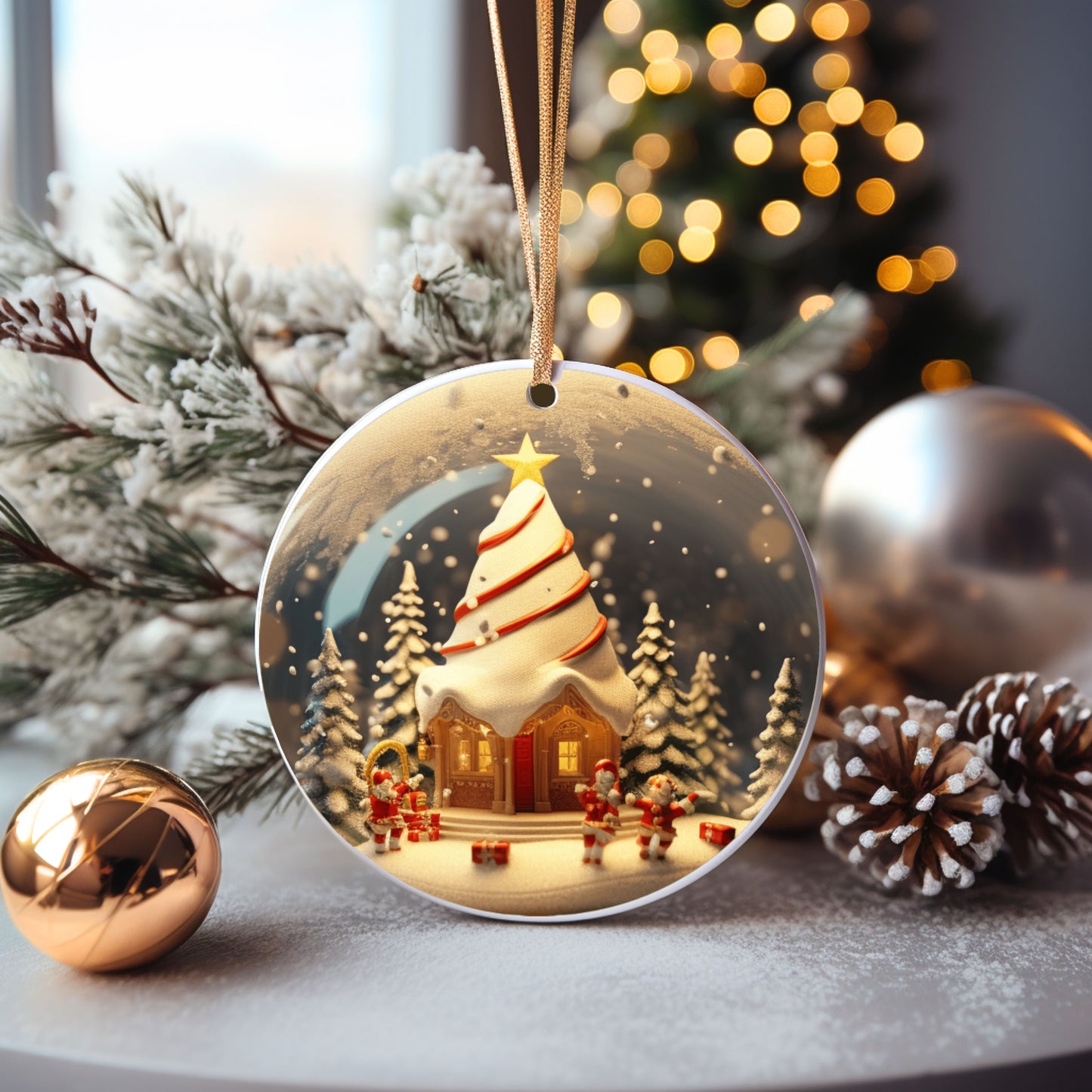 Set of 5 - 3D Holiday Cottage Ceramic Ornaments