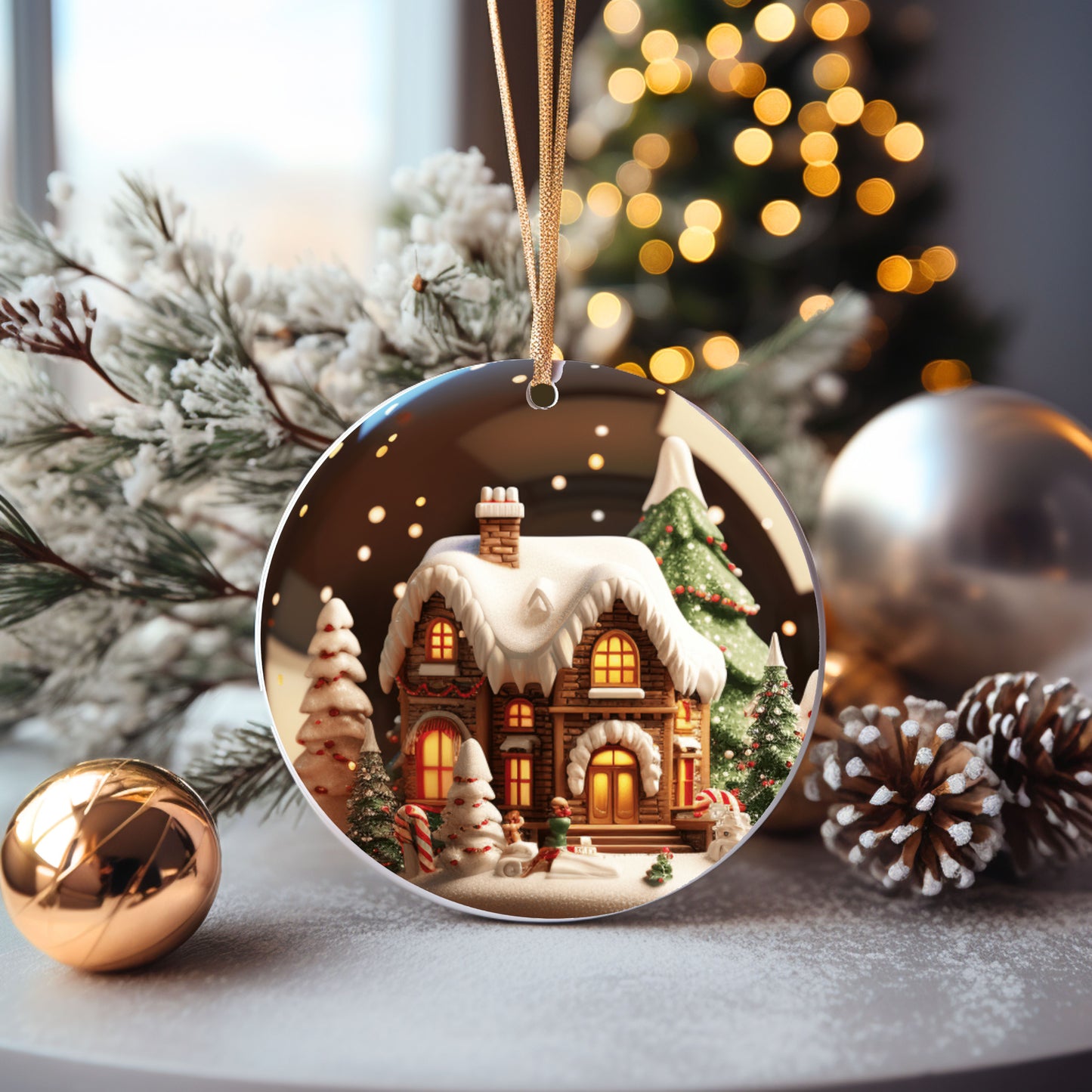 Set of 5 - 3D Holiday Cottage Ceramic Ornaments