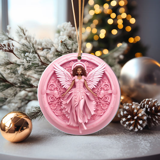 African American 3-D Pink Angel Girl Holiday Ornament